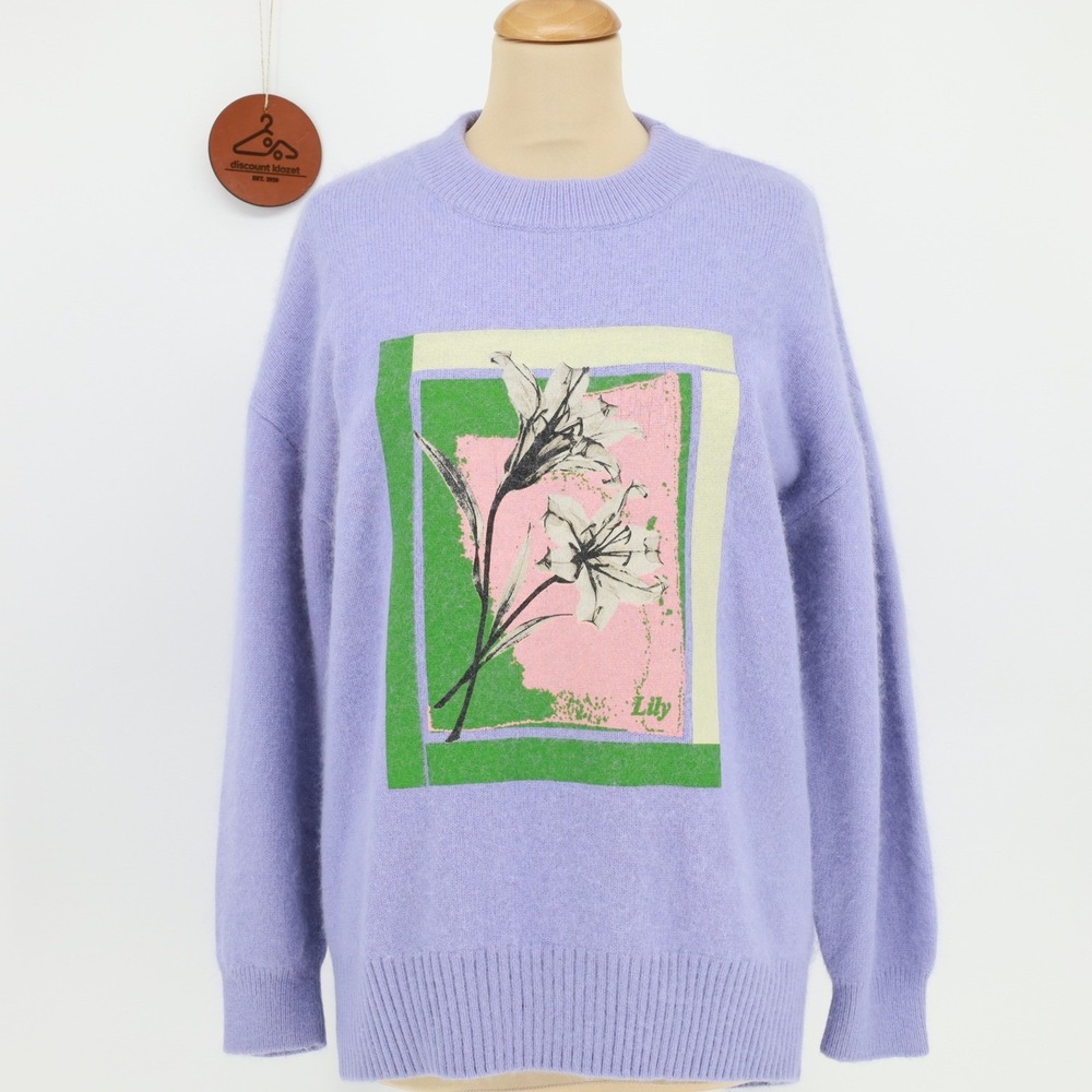 Lily Brown Lavender‎ Sweater Sz F OS Graphic Print Angora Rabbit Hair Wool Blend